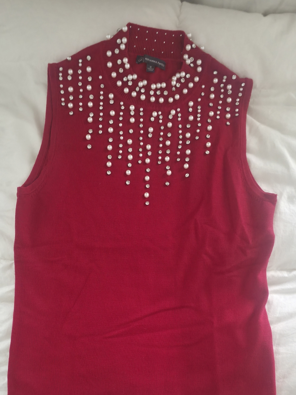 Adrianna Papell Red Sleeveless Pearl & Crystal Embellished Tank